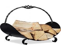 Relaxdays Metal asa, 42,5 x 43,5 x 30 cm, Interior, Cesta para leña para Chimenea, Color Negro, 1 Unidad