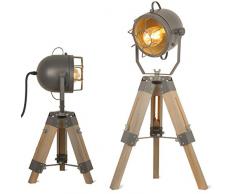 BarcelonaLED Lámpara de Mesa TrÃpode Altura Ajustable de Madera Diseño Vintage Industrial con Foco Proyector Orientable Gris Casquillo E27 para Dormitorio Cabecera Salón Estudio 61cm