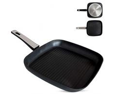 Quttin - Parrilla Asadora Antiadherente de inducciÃ³n Titan con Mango. Para todo tipo de cocinas. Aluminio Recubierto con PFLUON Doble Capa. Resistente Duradera Calidad. Parrilla Cuadrada 28 cm