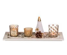 ootb Bandeja de Madera Blanca, Aprox. 36 x 14 cm, con 2 portavelas velita, Vela de Papá Noel, Piedras Vidrio y decoración de piña, 36x14cm