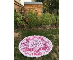 Bazzaree Tapiz de Playa Redondo con Mandala Bohemia, Hippie, tapete para Yoga, Redondo, algodón Morado y Blanco, 130 cm