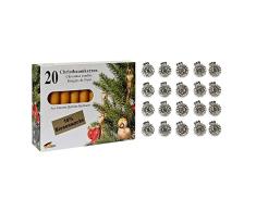 10210253SB - Juego de 40 velas para árbol de Navidad (20 portavelas plateados de 15 mm y 20 velas de cera de abeja de 13 x 10 mm, 10% cera de abeja, árbol de Navidad, Adviento)