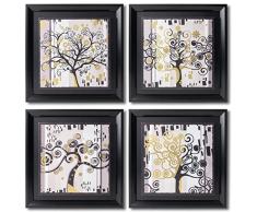 DekoArte - Cuadros Decoracion Salon Modernos ARBOL DE LA VIDA NEGRO ORO 30x30 cm x4 piezas - Set de Cuadros con Marco Negro.