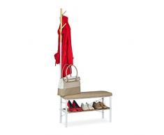 Relaxdays Perchero Banco Zapatero Recibidor Estante para Zapatos, Acero y DM, 167 x 75 x 32 cm, Blanco y Beige