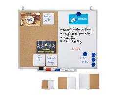 Relaxdays Pizarra combinada 2 en 1, tablero de corcho y pizarra magnética, marco de aluminio, tabla combinada con estante, 45 x 60 cm, color blanco y natural