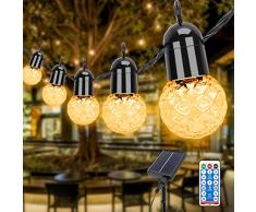 Aourow Guirnalda de Luces LED Solares para Exteriores,25 Bombillas de 15,5m,IP44 con 4 Niveles de Brillo y Ajuste de Tiempo de 4 Niveles,Iluminación Exterior para JardÃn,Fiesta,Blanco Cálido