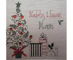 White Cotton Cards NaWolig Llawen - Felicitación navideña (hecha a mano), diseño de árbol de Navidad
