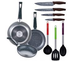 Set 3pc sarten (16+20+24cm) aluminio prensado, inducción, negra Soul Marble con Set 3pc utensilios de cocina nylon con Set 4pc cuchillos acero inoxid