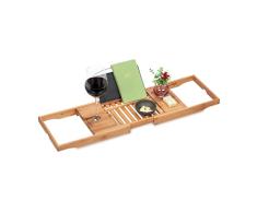 Relaxdays Bandeja Bañera, Bambú, 70-105 cm Extensible, Soporte Libros y Copa de Vino, Mesa Desayuno Cama, Natural/Negro, 80% Hierro 10% poliéster