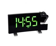 TFA Dostmann 60.5015.04-Reloj Despertador con proyecciÃ³n de Radio FM, 2 alarmas, Color Negro, NÃºmeros Verdes, (L) 180 x (B) 48 x (H) 100 mm