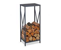 Relaxdays Leñero Vertical, Soporte Leña Metal, 80,5 x 34 x 25cm, Bandeja Leños Acero, Accesorio Chimenea, Interior, Gris, 100%