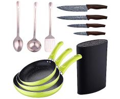 Set 3pc sarten (20+24+28cm) aluminio prensado verde con Set 3 pc utensilios cocina acero inoxidable con Set 4pc cuchillos acero inoxidable con Tacoma