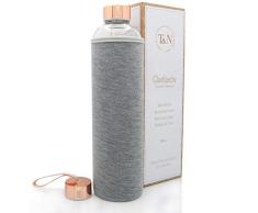 T&N Botella de cristal de 1 litro - Botella de cristal con funda de neopreno - Botella de agua a prueba de fugas - Botella de cristal de borosilicato mÃ¡s grueso - Jarra de agua de cristal