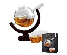 Mikamax â Globe Decanter Set â Whiskey Decantador Globo â Whiskey Decanter - 20 x 12 x 22 cm - Jarra de Whisky â Con dos Vasos de Whiskey y Estánder de Madera