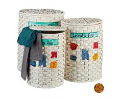 Relaxdays Juego de 3 Cestos Ropa Sucia Redondos con Tapa, Bambú, Blanco, 40, 70 y 100 litros