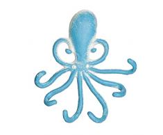 Relaxdays Perchero Pared Pulpo, 6 Ganchos, Hierro Fundido, 5x15,5x4 cm, Colgador Llaves Envejecido, Celeste y Blanco, 100%, 16,5 x 15,5 x 4 cm Aprox