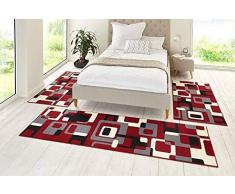 Hanse Home Alfombra para el Borde de la Cama, Retro, 3 Piezas, Alfombra de Terciopelo de Pelo Corto, Moderno, Estampado para habitaciÃ³n Infantil, Color Rojo y Gris, 2 x 70 x 140 cm y 1 x 70 x 230 cm