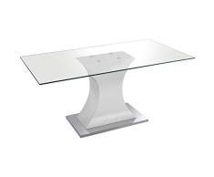 DRW Mesa de Comedor de Cristal, Madera y Metal en Transparente, Blanco y Cromado