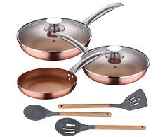 Set 5pc sartenes 20,24,28 cm (con tapa) aluminio prensado inducción con Set 3pc utensilios de cocina silicona madera