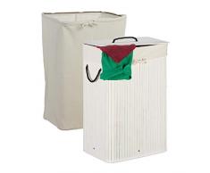 Relaxdays Cesto Ropa Sucia Bambú, Canasto Prendas Plegable con Tapa, 80 L, 2 Sacos, Rectangular, 66 x 44 x 24 cm, Blanco