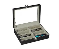 Relaxdays Caja Gafas con 8 Compartimentos, Organizador, 1 Ud, Cuero Sintético-Cristal, 8,5 x 33,5 x 24,5 cm, Negro