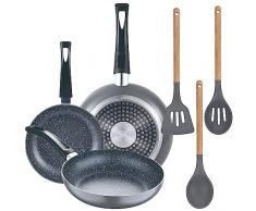 Set 3pc sarten (16+20+24cm) aluminio prensado, inducción, negra Soul Marble con Set 3pc utensilios de cocina silicona madera