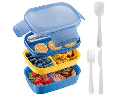 KEPEAK Fiambrera infantil con compartimentos, caja Bento a prueba de fugas, fiambrera con 3 compartimentos, ideal para almuerzos o aperitivos en la escuela/parque, sin BPA (1900 ml), color azul