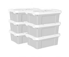 Cetomo Caja de almacenamiento de plÃ¡stico de 15 L x 6, caja de mano, contenedor organizador con tapa duradera y hebillas de enganche seguras, apilable y encajable, paquete de 6, gris con hebilla