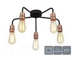 HARPER LIVING 5 x E27/ES semi empotrado Plafón, Negro con acabado de cobre, apto para actualización de LED, ideal para sala de estar, dormitorio, cocina, pasillo, hotel, B&B, Metal