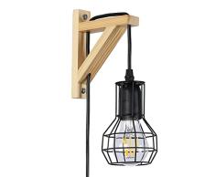 BarcelonaLED Aplique de Pared de Madera Nórdico con Cable Enchufe Interruptor, Pantalla de Jaula Vintage y Bombilla E27 LED Filamento Incluida para Salón Dormitorio