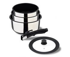 BERGNER Click & Cook | Juego de sartenes de 16, 18 y 20 cm + mango extraÃ­ble y tapa universal | Acero inoxidable y revestimiento antiadherente | Para todo tipo de cocinas y hornos