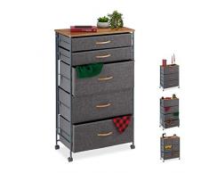 Relaxdays Cajonera con Ruedas, Cajones Textiles, Decoración, Balda con Apariencia de Madera, 96,5 x 58 x 30 cm, Gris, Acero, poliéster, tableros conglomerado DM