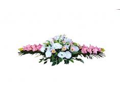 DRW Centro de Flores Artificiales Cementerio, Santos, Aniversarios Alargado Tonos salmÃ³n y Blanco 120 cm Largo x 50 cm Ancho x 30 cm Alto