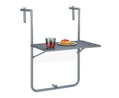 Relaxdays Mesa Plegable BalcÃ³n, 3 Alturas, 59,5x60 cm, Mesita Colgante con 2 Posavasos, Mueble Exterior Barandilla, Gris, plÃ¡stico 50% Acero