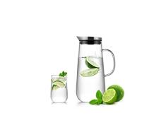 SAMA DOYO - T67 - Set - Jarra de cristal con tapa de acero inoxidable y asa de cristal (x1) - Vasos redondeados (x4)