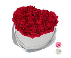 Relaxdays Rosas Artificiales, Caja de Flores Gris, 18 Unidades, Ramo Decorativo, Flower Box, Cartón-Tela-PP, Rojo
