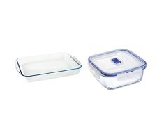Pyrex Classic Vidrio - Fuente Rectangular Para Horno, 40 X 27 Cm + Luminarc Hermetico Cuad 122Cl Pure Box Active Lum, Transparente Y Azul, 1.22 L