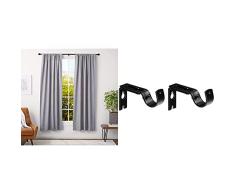 Amazon Basics - Barra Para Cortinas Con Remates Con Tapas, 91-182 Cm, Negro + - Set De 2 Soportes Ajustables De Pared - Negro