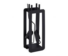 Relaxdays Accesorios Chimenea, Set de 5 Piezas, Atizador, Pala, Escoba, Pinzas y Soporte, Ãtiles Estufa, Acero, Negro, 90% 10% Inoxidable, 60 x 22,5 x 16 cm