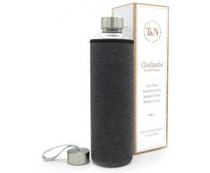 T&N Botella de cristal de 1 litro - Botella de vidrio 1l con funda de neopreno - Botella de agua a prueba de fugas - Botella de cristal de borosilicato mÃ¡s grueso - Jarra de agua de cristal
