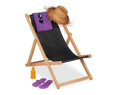 Relaxdays Tumbona Madera y Tela, Silla Playa Plegable, Reclinable en 3 Niveles, Asiento JardÃn, Balcón. Terraza, Negra, 89 x 58,5 x 92 cm