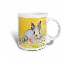 3dRose - Taza de cerámica con diseño de Conejo de Calico y Tres Huevos de Pascua con Flores de Margarita y Tres Huevos de Pascua, Color Blanco, cerámica, 11,43 x 8,449999999999999993 x 12,7 cm
