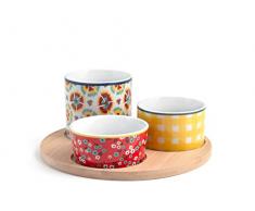 H&H Mix&Match - Juego de 3 tazas de porcelana decorada, 9 cm, sobre base redonda de bambÃº, multicolor