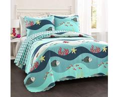 Lush Decor Sealife Fish Ocean Wave-Juego de Cama Reversible de 2 Piezas, Color Azul, AlgodÃ³n, Twin