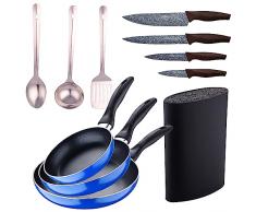 Set 3pc sarten (16+20+24cm) aluminio prensado, inducciÃ³n, azul Navy Paradise con Set 3 pc utensilios cocina acero inoxidable con Set 4pc cuchillos ac