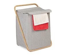 Relaxdays Cesto Ropa Sucia con Tapa, Cesta Plegable, 60 x 45 x 39 cm, Bolsa Colada, Tela, BambÃº, Gris y MarrÃ³n Natural