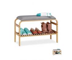 Relaxdays Banco Zapatero Recibidor, Asiento Acolchado, 46x69x30cm, Organizador 3 Pares de Zapatos, Descalzadora, Natural, Bambú