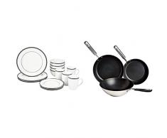 AmazonBasics - Vajilla para 4 personas (16 piezas), diseño de rayas + Juego de utensilios de cocina de acero inoxidable