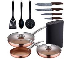 Set 5pc sartenes 20,24,28 cm (con tapa) aluminio prensado inducciÃ³n con Set 3pcs utensilios de cocina con Set 4pc cuchillos acero inoxidable con Tacoma/bloque