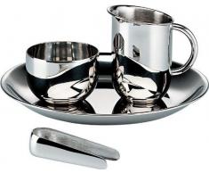 Alessi Officina Bauhaus jarra de leche Azúcar/pinzas juego de plato y, plateado